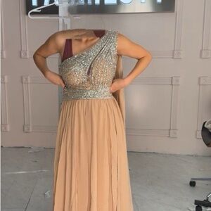 Glamorous Tan One-Shoulder Dress with Silver Accents